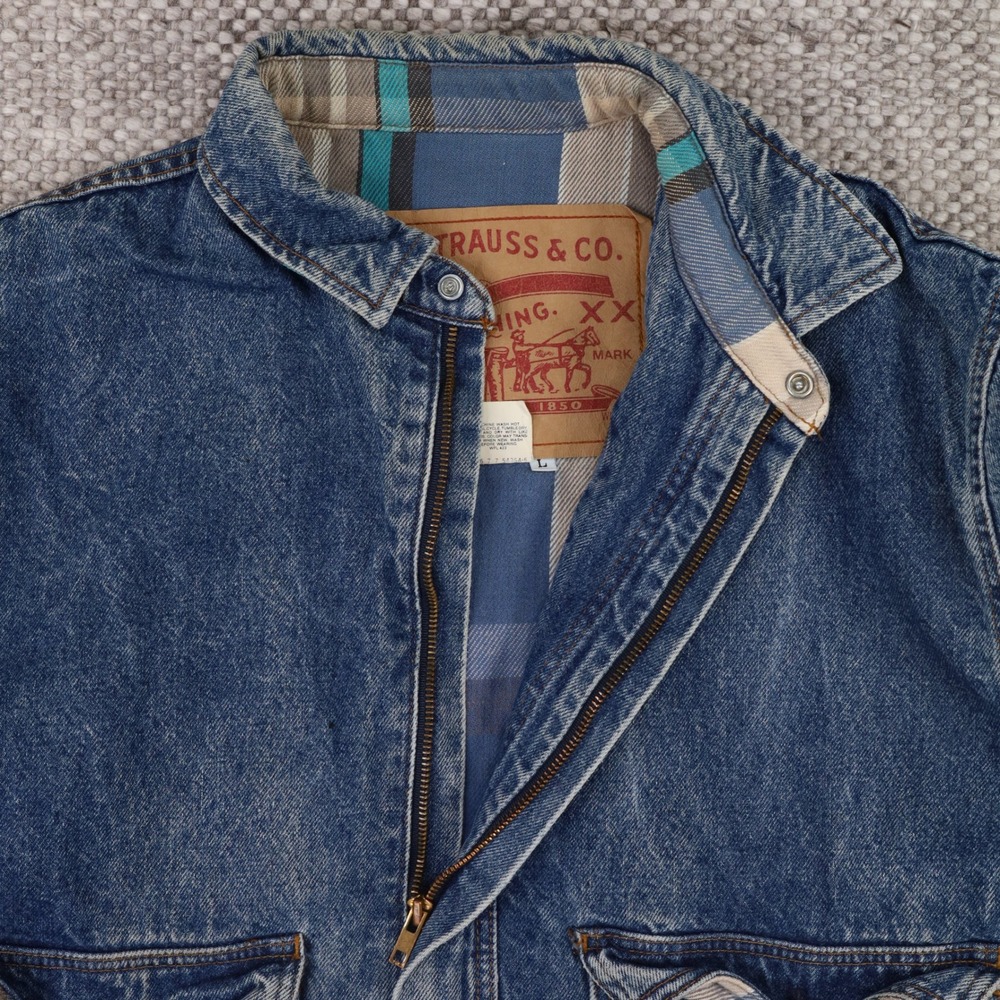 Vintage Levis Denim Flannel Lined Trucker Jacket Blue Plaid Bomber Medium Wash